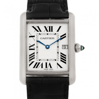 Cartier Tank Louis 18K white gold mens watch replica W1540956 black leather strap